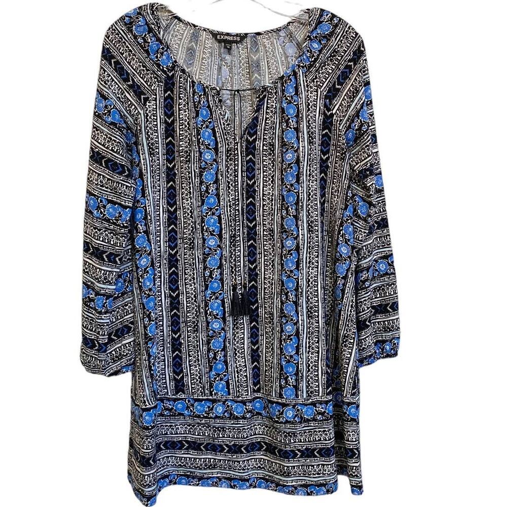 Express Blue Aztec Floral Long Sleeves Tasseled Neck Tunic Mini Dress XS NWOT